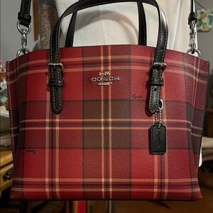 Coach Red and Brown Plaid Satchel